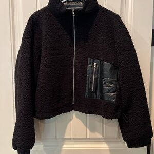 TALULAH Black Faux Leather Trimmed Sherpa Jacket Size Small Zip Up Winter Warm
